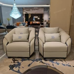 Light Beige Leather Sofa Set with Dark Blue High-Gloss Accents & Stainless Steel Trim